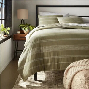 NWOT F/Q Cotton Woven Stripe Duvet Cover & Sham Set Moss Green/White -Thr…